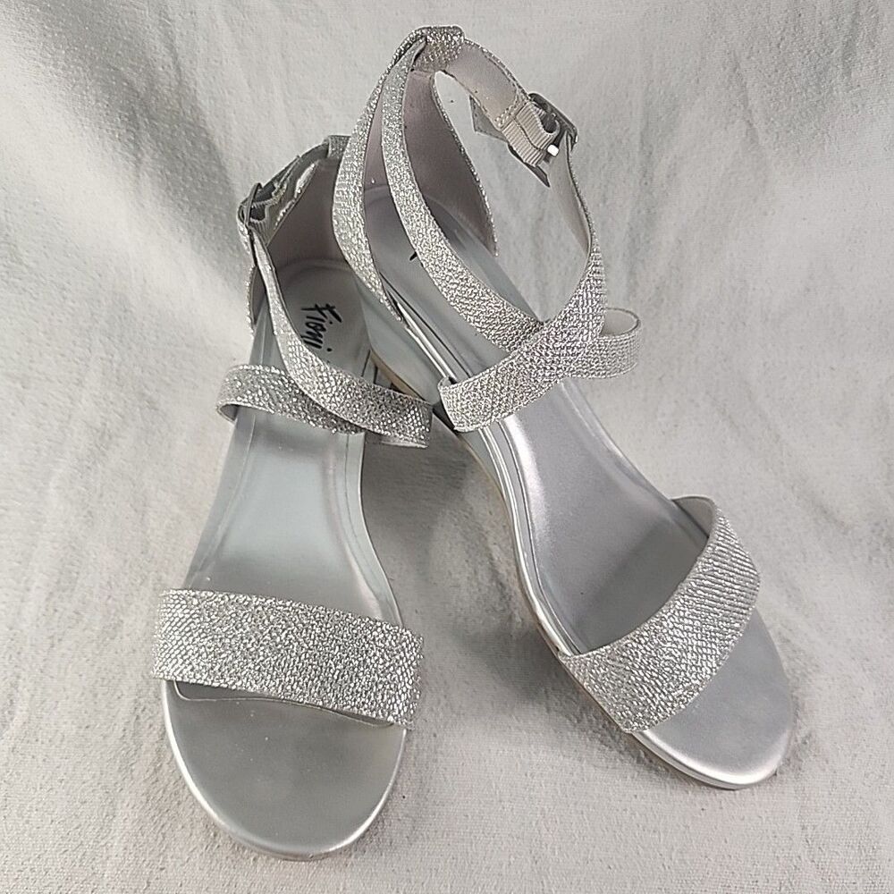 Shoes Fioni Womens Princess Silver Buckle Cross Strap Mid Wedge Sandal 9.5